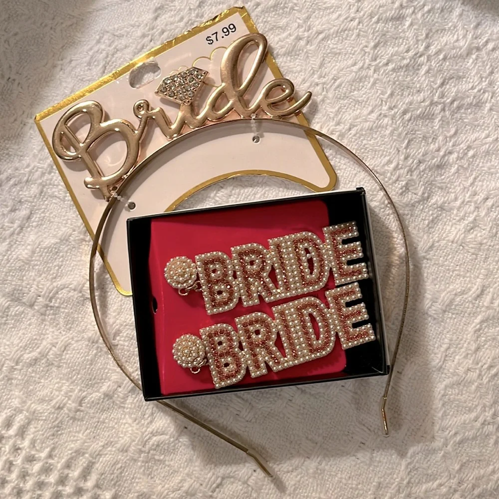 NWT 2-PC set of bride bling: gold rhinestone headband & dangling BRIDE earrings